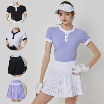 Blktee Woman Patchwork Short Sleeve Shirt Slim Fast Dry Golf T-shirt  Anti-light Pleated Skirt High Waist Elegant Casual Skort