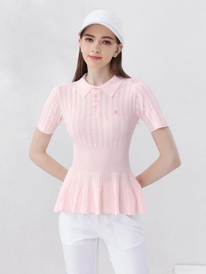 Tricot de golf d'été pour femme - T-shirt polo slim rose