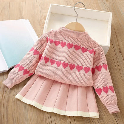 Western-Style Heart-Shaped Sweater & Skirt Set for Girls