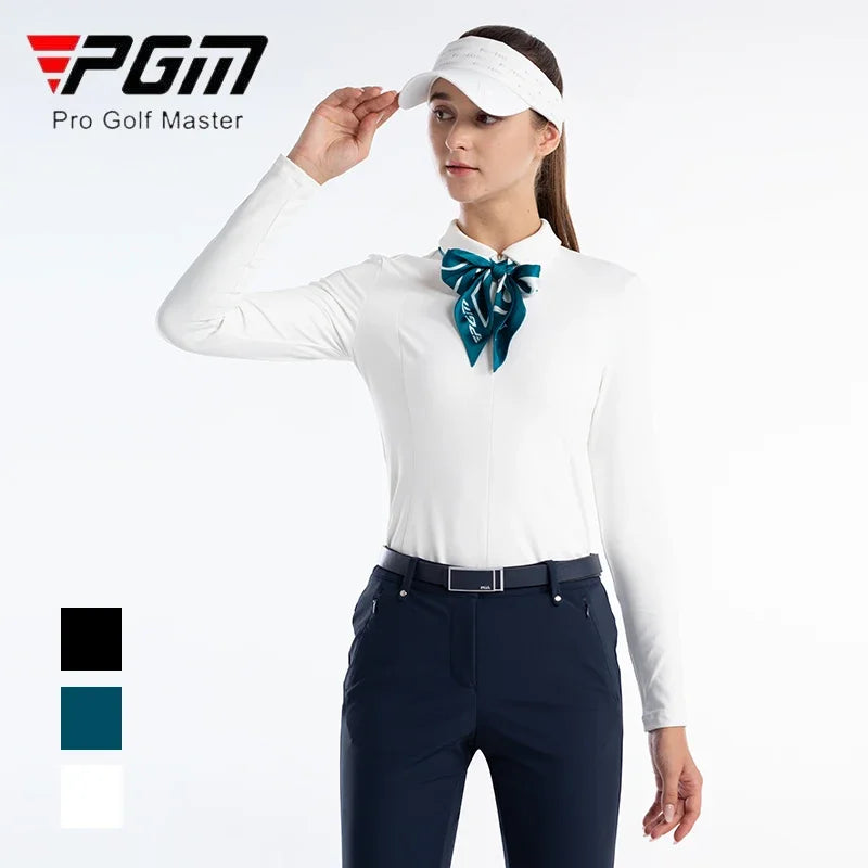 Women's Golf T-Shirt - Zipper Polo Top with Silk Scarf, Full Sleeve Casual Shirt