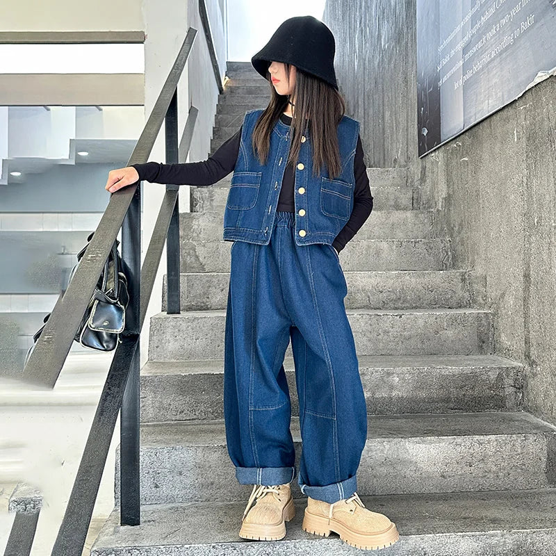 Ensemble gilet en jean pour fille, t-shirt, pantalon à jambe large