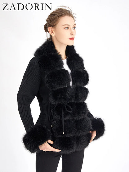 Fall Winter Faux Fur Coat – Luxury Knitted Sweater