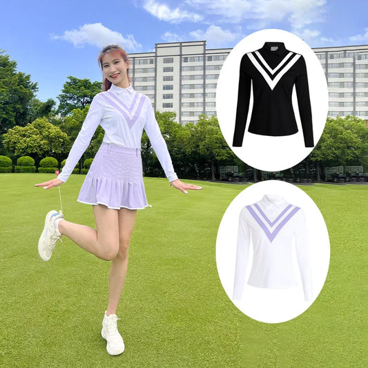 Schlankes Langarm-Golfshirt im koreanischen Stil für Damen