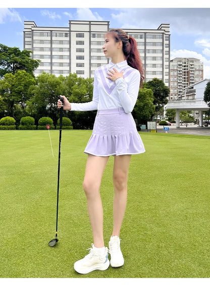 Schlankes Langarm-Golfshirt im koreanischen Stil für Damen