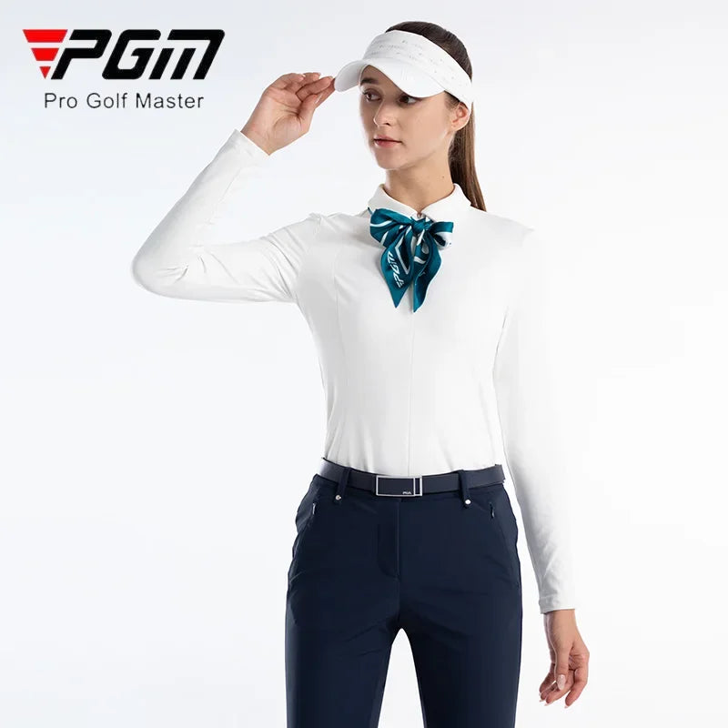 Women's Autumn Golf T-Shirt - Slim, Zipper Collar, Silk Scarf