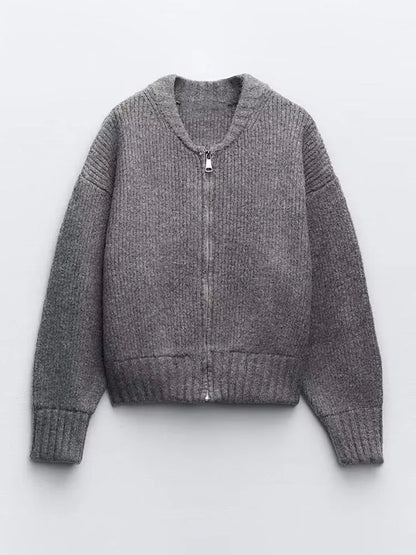 Pull en tricot gris élégant avec fermeture éclair pour femme