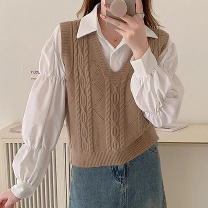 Gilet en tricot à col en V Preppy pour femme