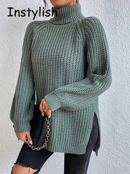 Damen Winter Rollkragen Übergroßer Strickpullover