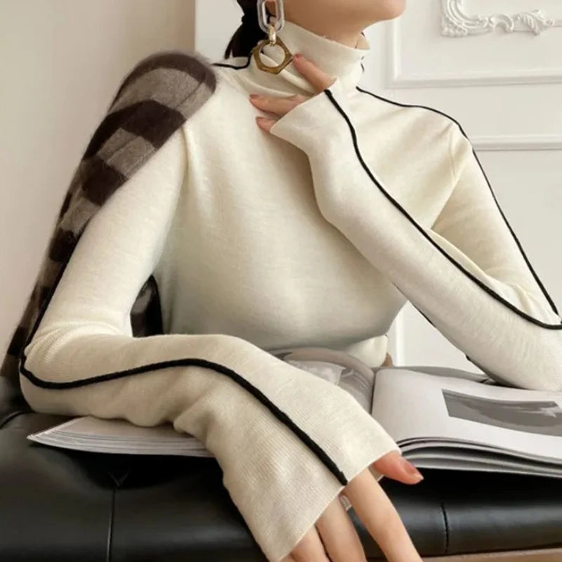 Striped Turtleneck Knit Sweater for Women
