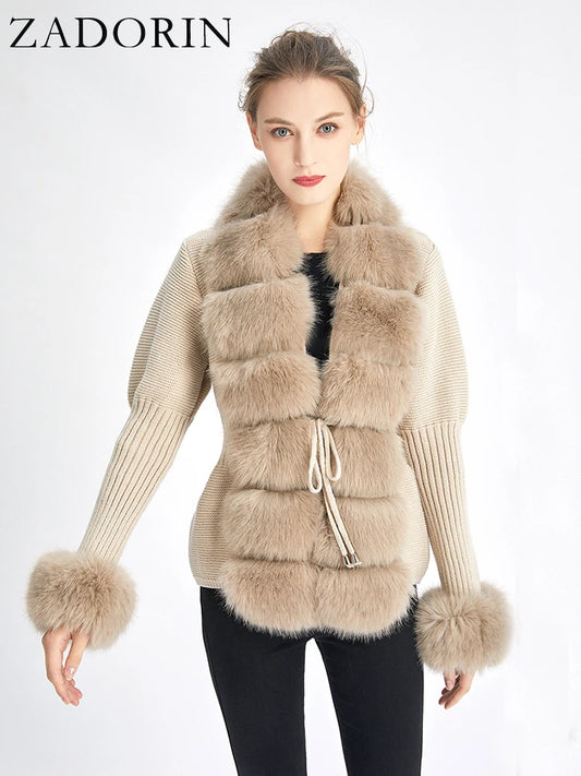 Fall Winter Faux Fur Coat – Luxury Knitted Sweater