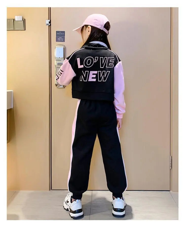 Junior Girls Baseball Suit with Lapel Jacket and Casual Long Pants