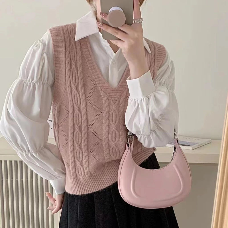 Gilet en tricot à col en V Preppy pour femme