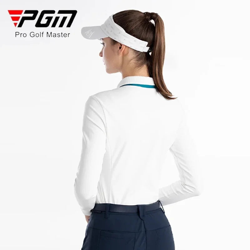 Women's Golf T-Shirt - Zipper Polo Top with Silk Scarf, Full Sleeve Casual Shirt