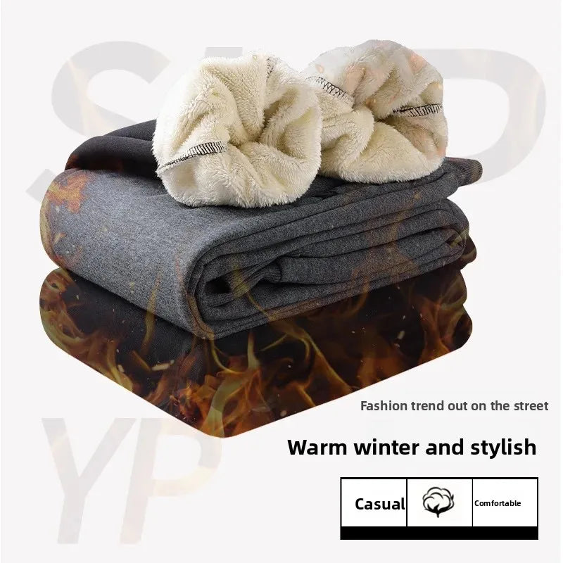 Pantalon pour homme en coton et velours d'agneau doublé polaire chaude