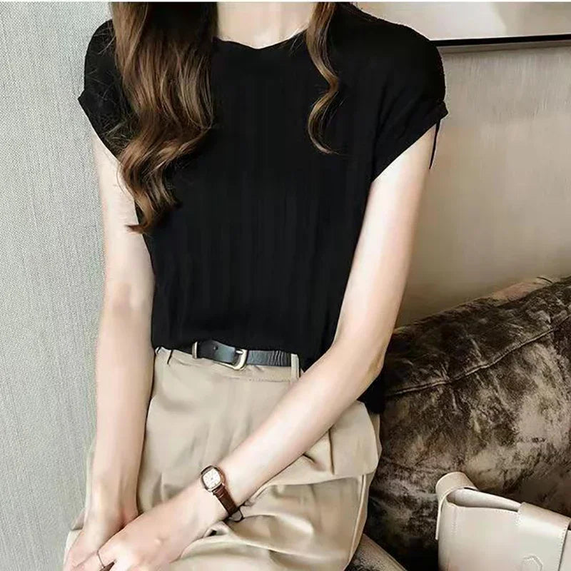 Short Sleeve O-Neck Satin Blouse for Office Ladies