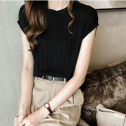 Short Sleeve O-Neck Satin Blouse for Office Ladies