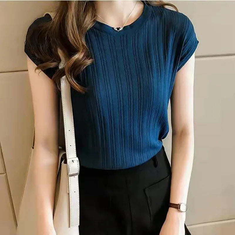 Short Sleeve O-Neck Satin Blouse for Office Ladies