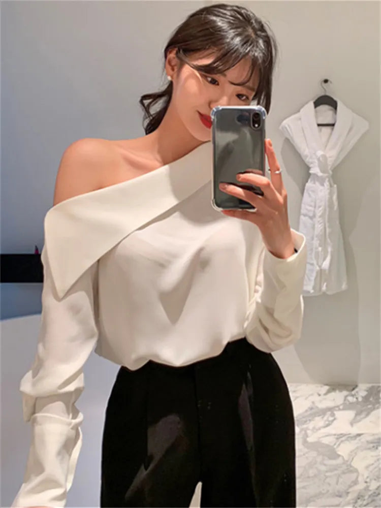 Korean Style One Shoulder Sexy Wild Women Cold Blouses Shirts Tops BL8179