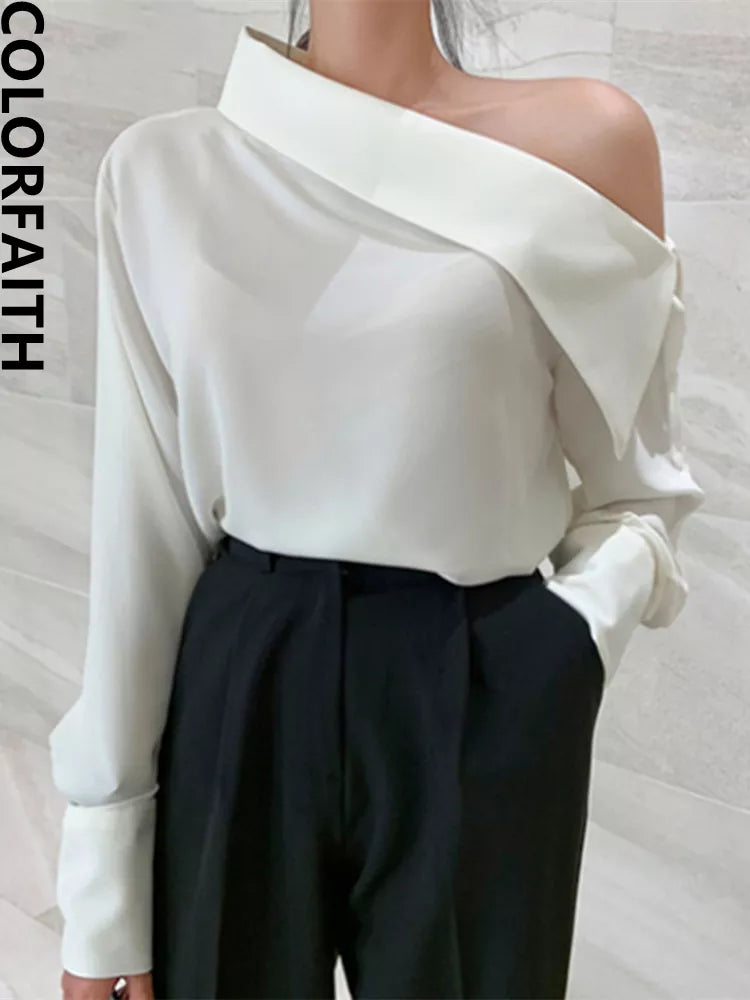 Korean Style One Shoulder Sexy Wild Women Cold Blouses Shirts Tops BL8179