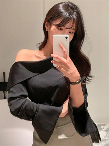 Korean Style One Shoulder Sexy Wild Women Cold Blouses Shirts Tops BL8179